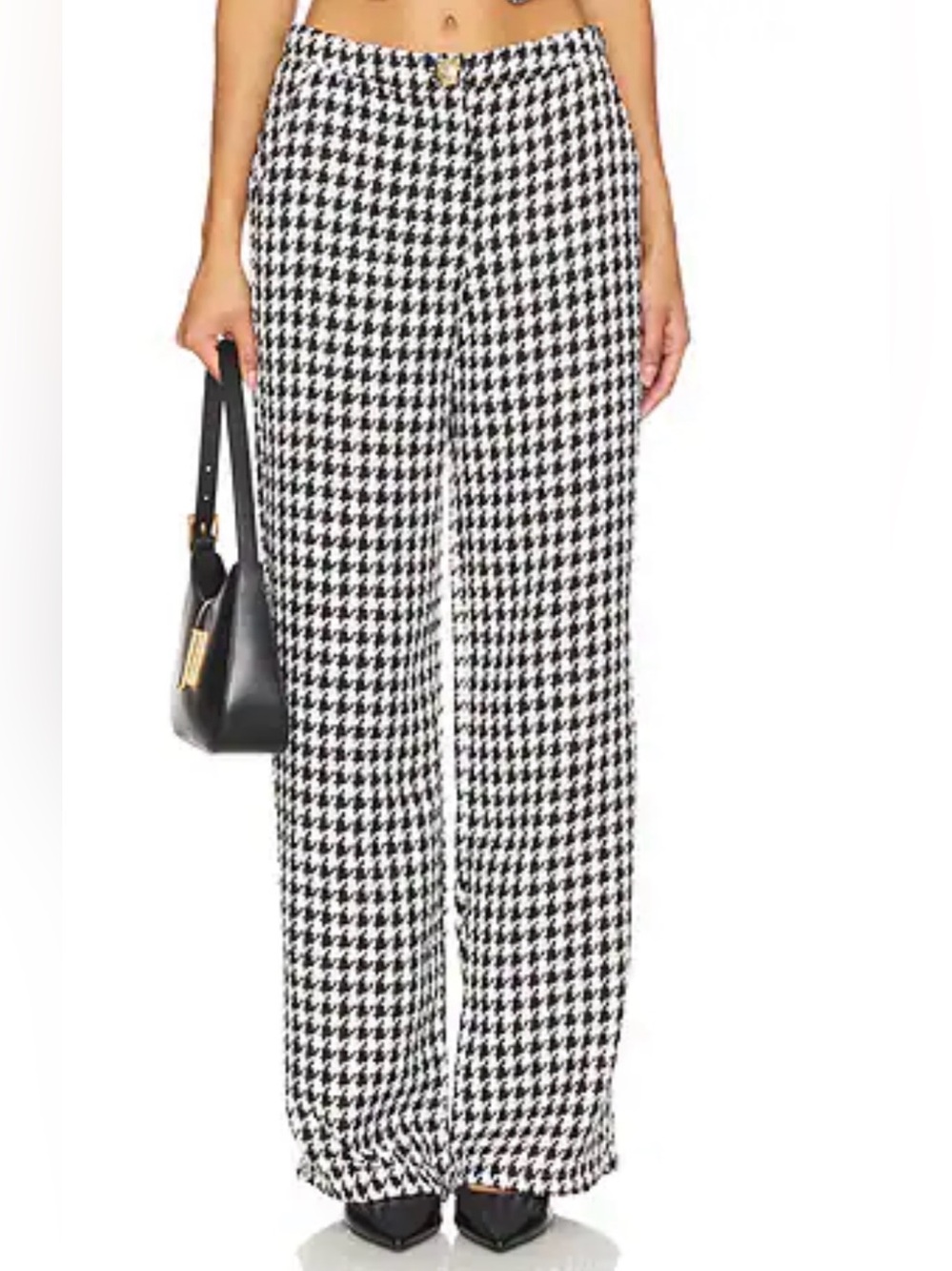 High-Rise Houndstooth Wide-Leg Pants Black & White S fold button 28 inseam